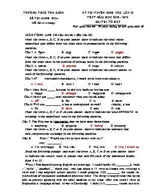 Đề minh họa thi tuyển sinh vào Lớp 10 THPT môn Tổ hợp - Năm học 2018-2019 - Trường THCS Tân Xuân (Có đáp án)